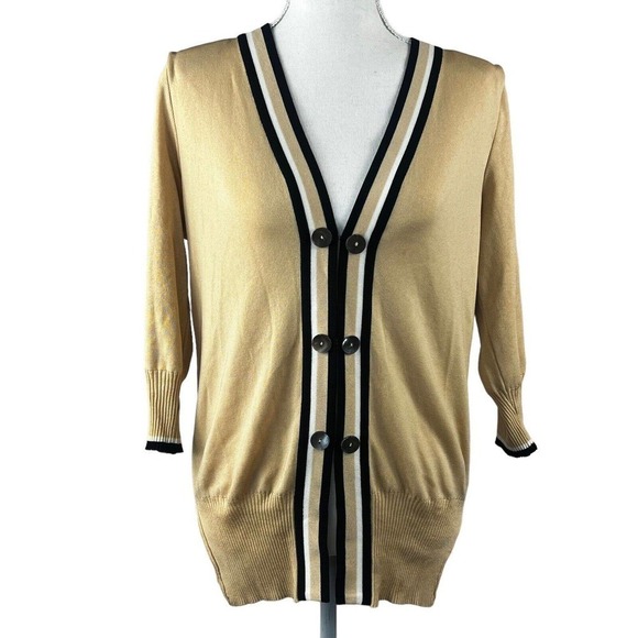 Exclusively Misook Tan Knit Cardigan Jacket S Buttoned black white trim - Picture 1 of 11